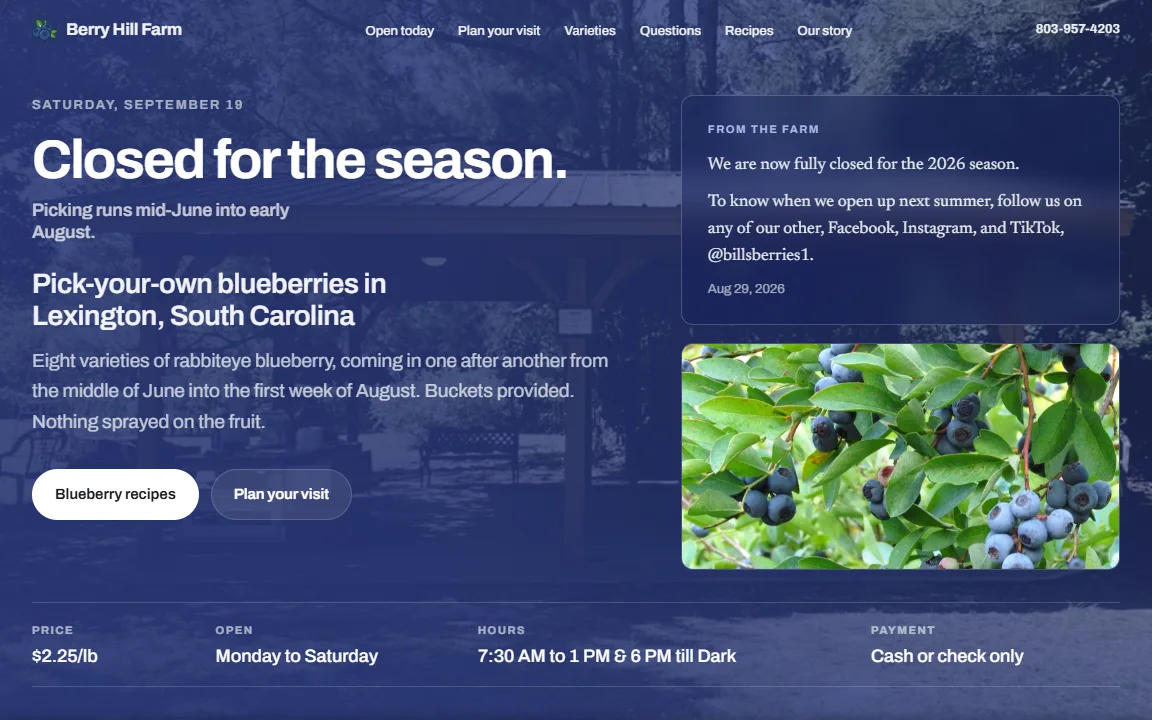 Screenshot of the Berry Hill Farm beta website, with a seasonal headline, farm update, and blueberry photography