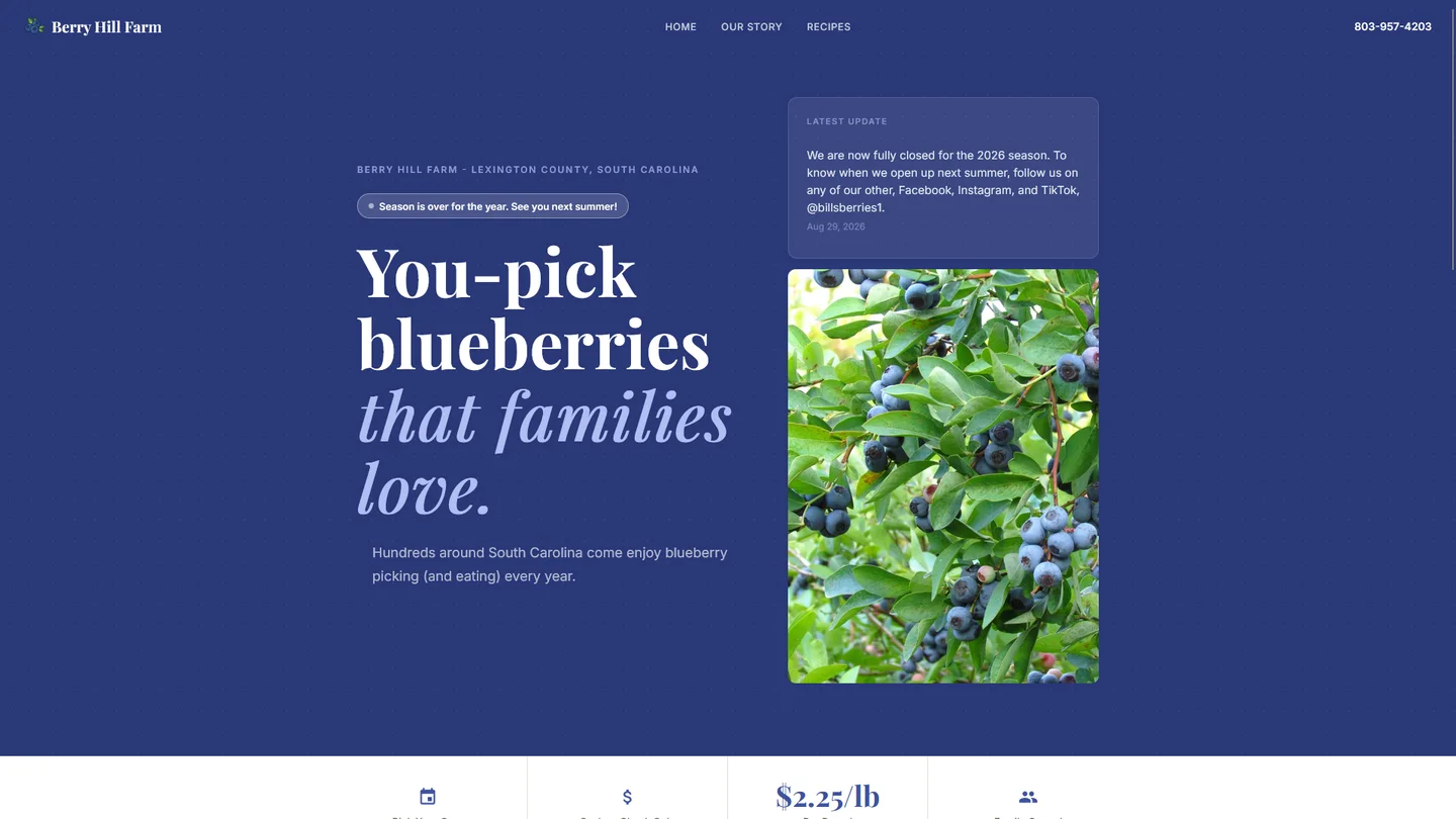 Berry Hill Farm homepage showing its seasonal update and blueberry photo