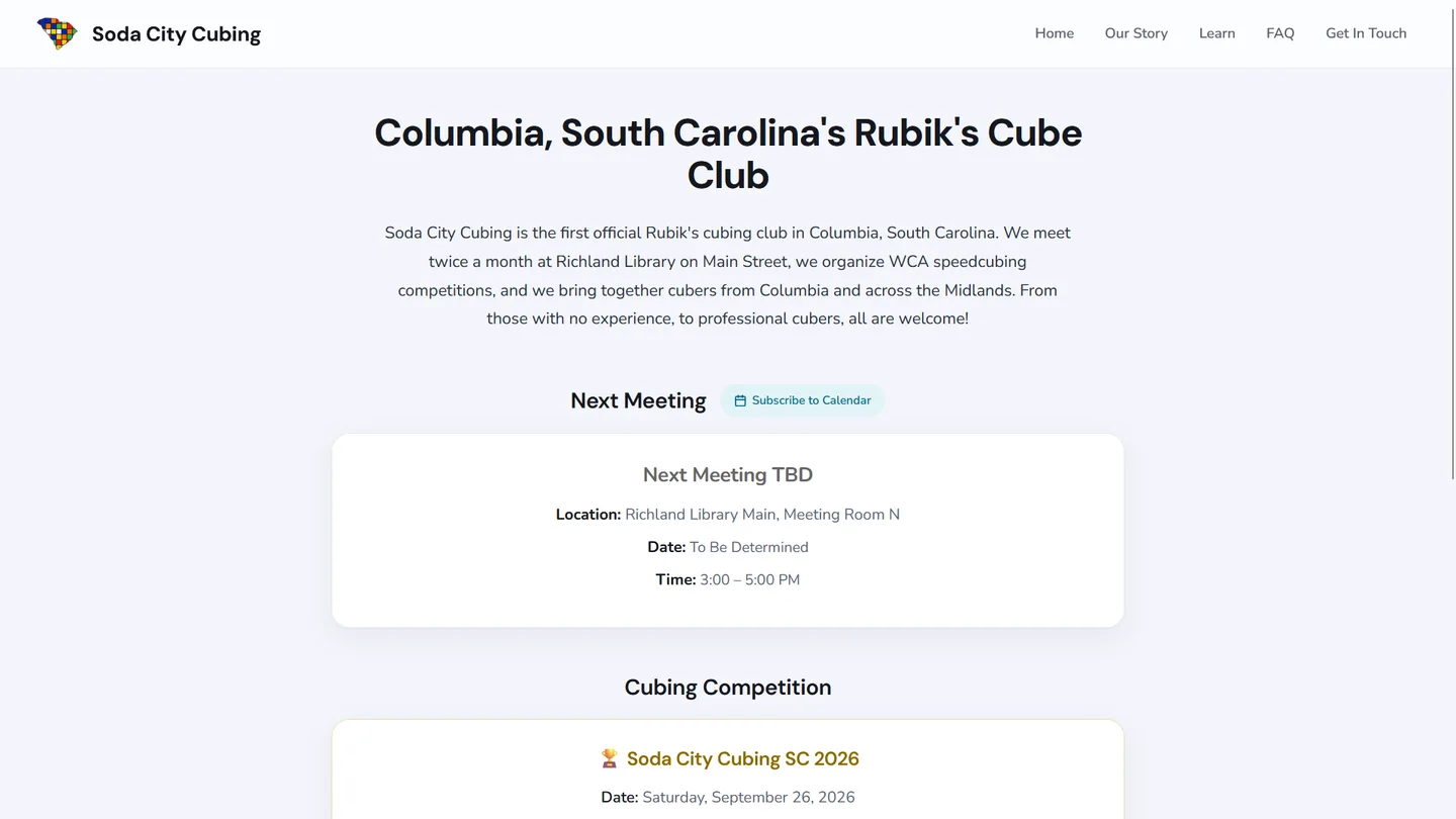 Soda City Cubing homepage showing club meetings and competition information